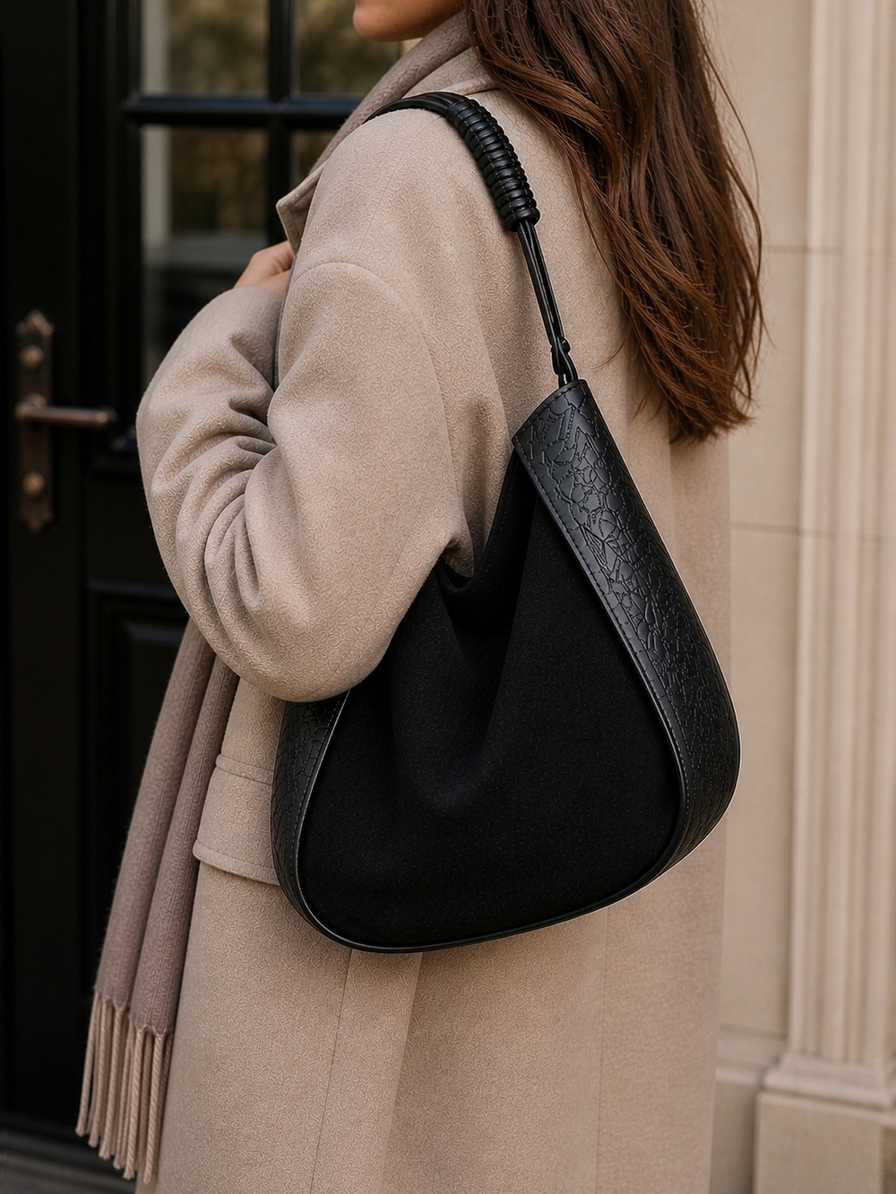 Black Leather & Suede Boho Bag | Embossed Floral | Artisan Style | Unique